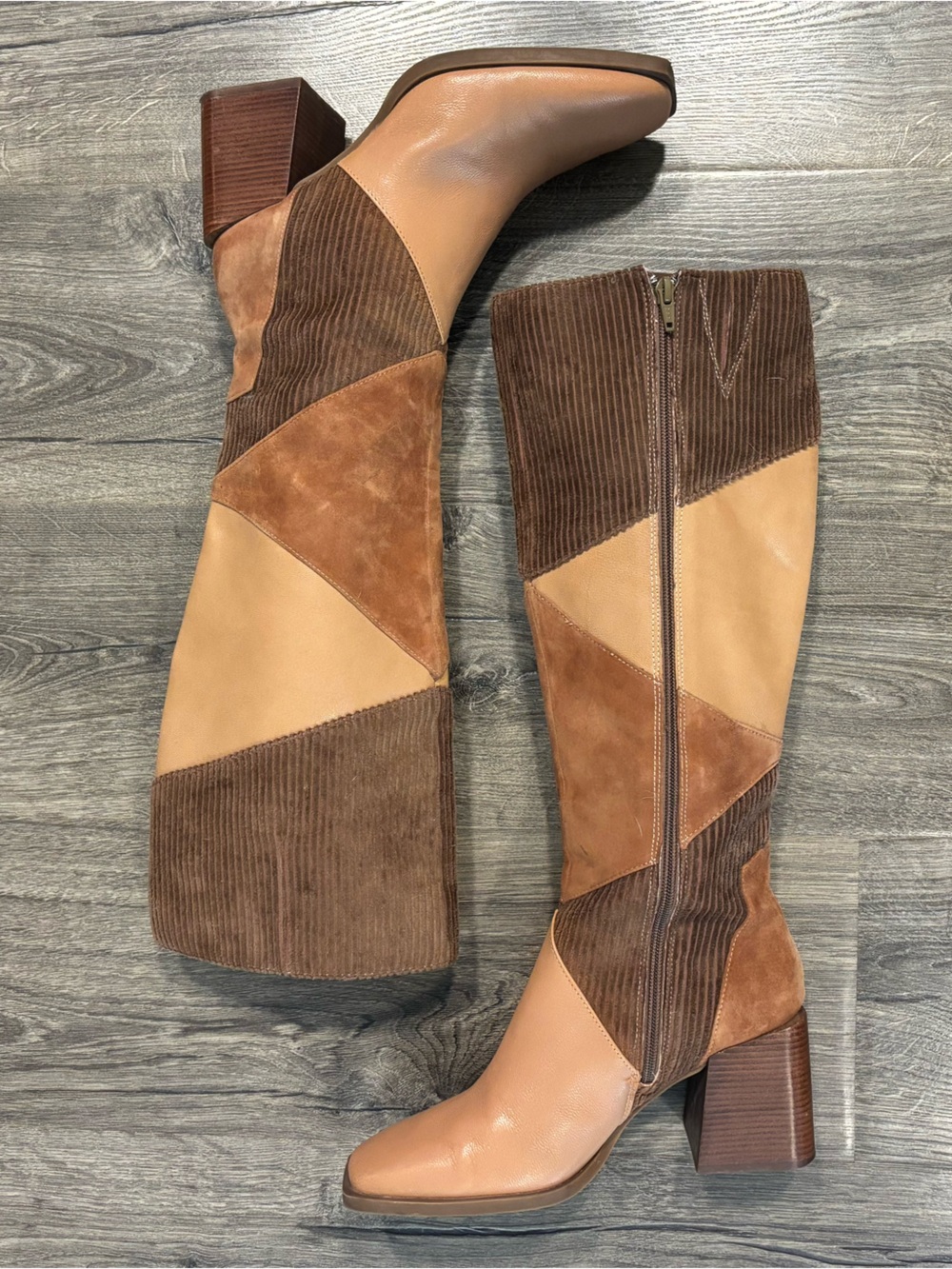 Chelsea & Violet Lulu Patchwork Leather and Corduroy Tall Boots Wood Heel Sz 9M
